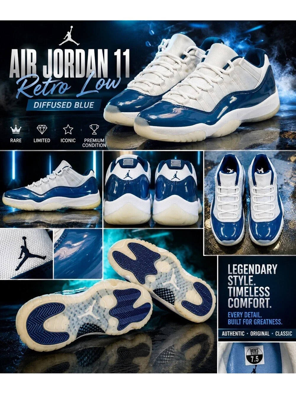 Size 7.5 - Air Jordan 11 Retro Low Diffused Blue